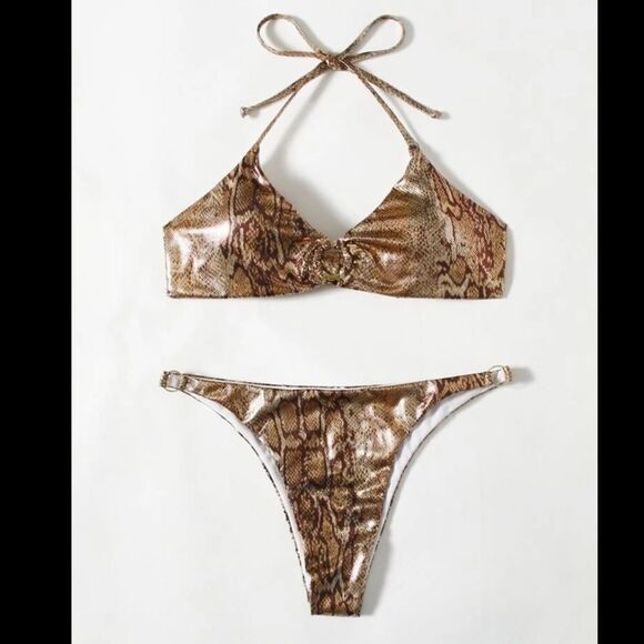 Snakeskin Metallic Halter Bikini Swimsuit - Picture 7 of 7